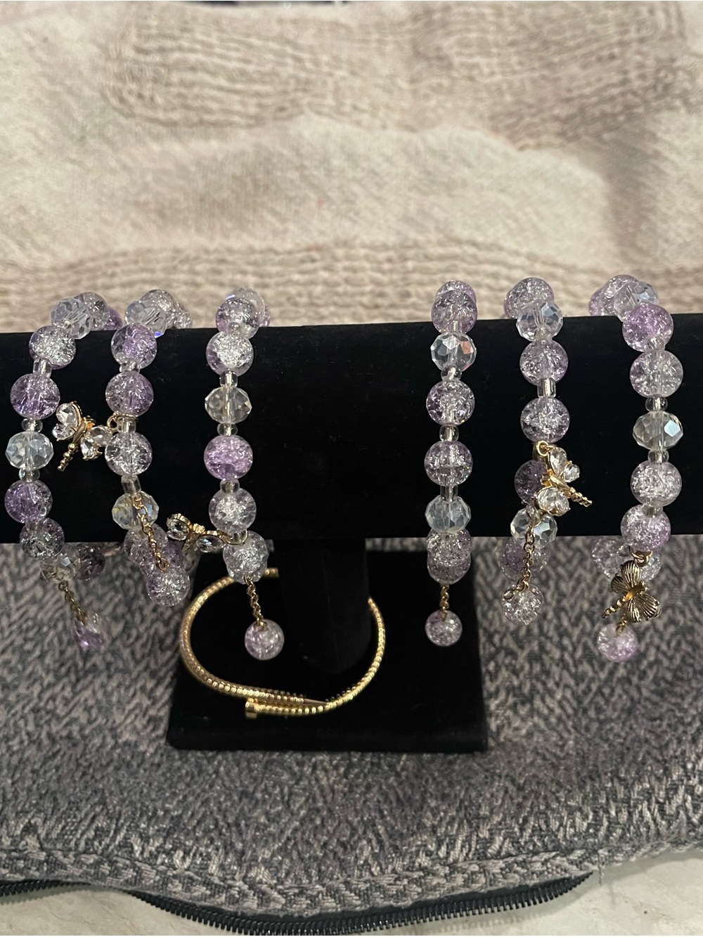 Set of 3 Handcrafted Purple Crystal Beaded Bracelet with Gold Firefly Accents